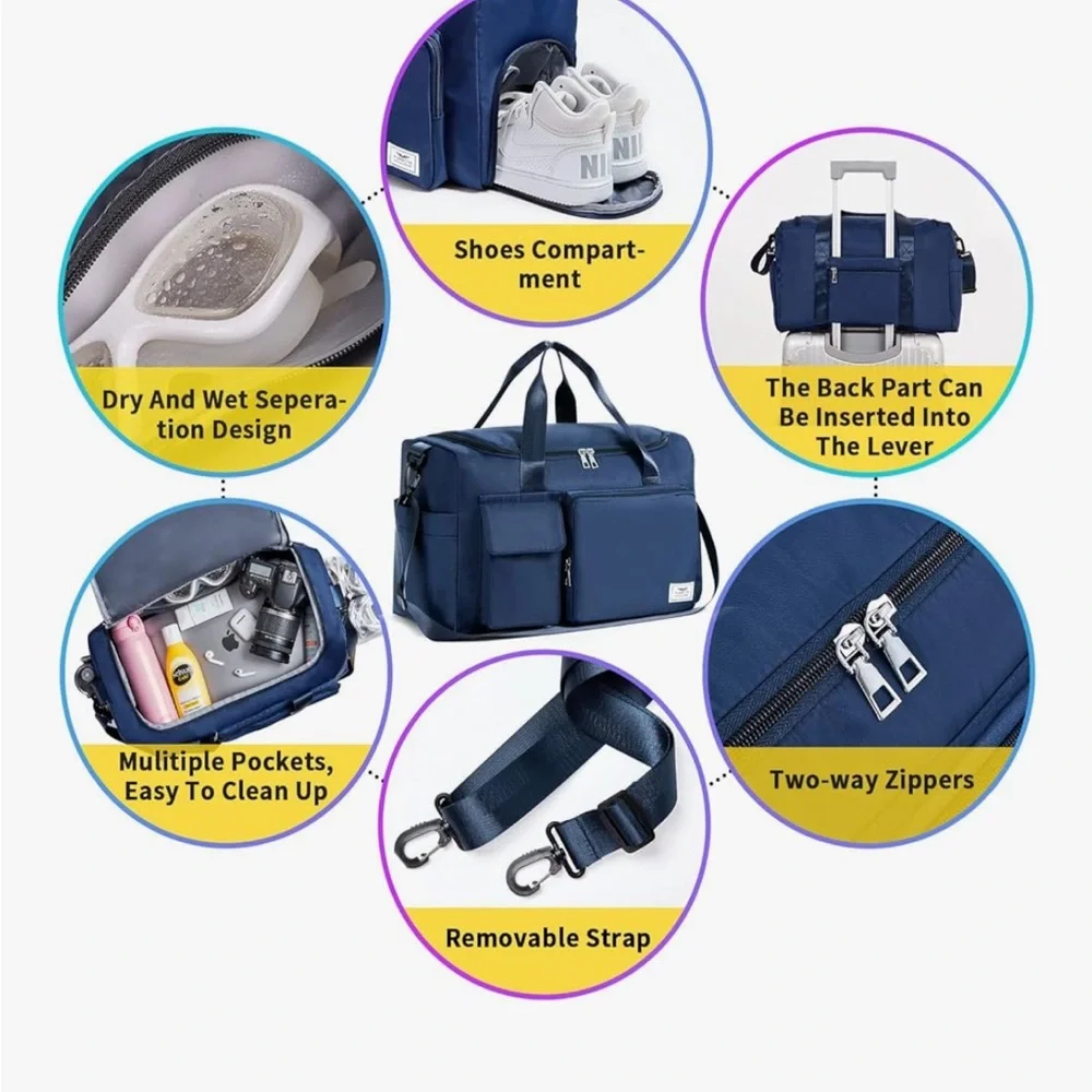 Navy Duffle Bag with multiple pockets